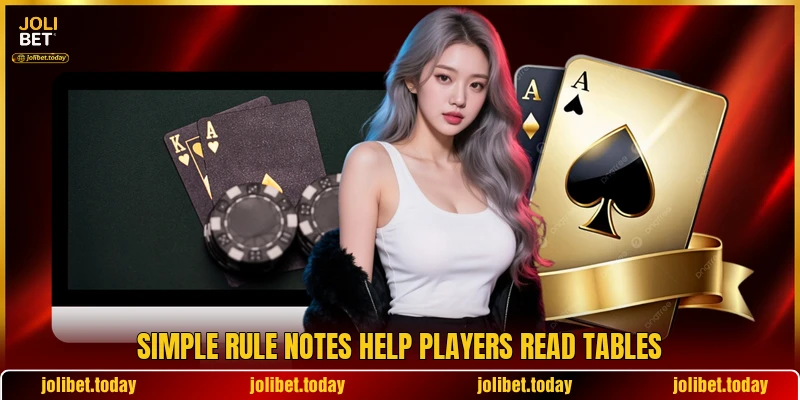 Simple rule notes help players read tables Simple rule notes help players read tables