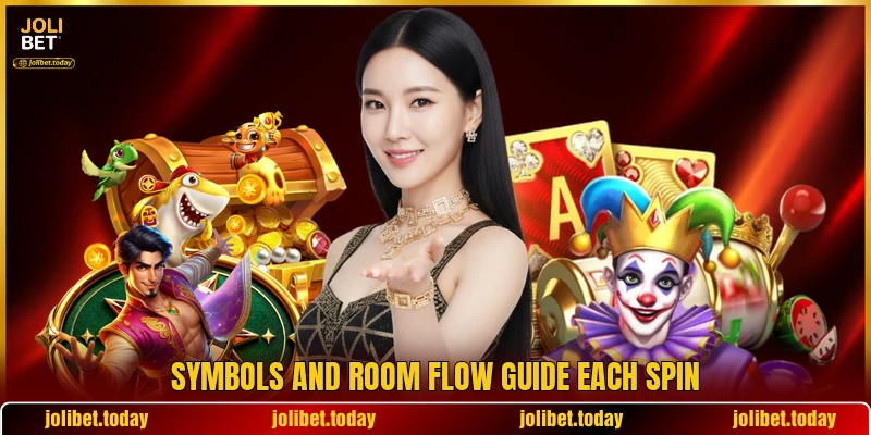 Symbols and room flow guide each spin Symbols and room flow guide each spin